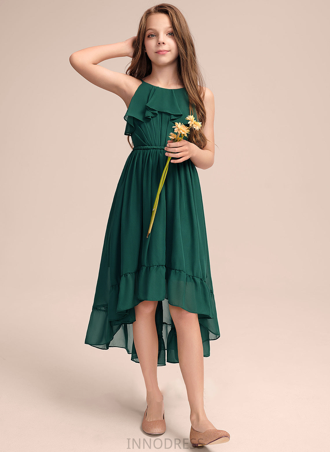 Chiffon Scoop Asymmetrical Junior Bridesmaid Dresses Ruffles Katherine Cascading A-Line Neck With