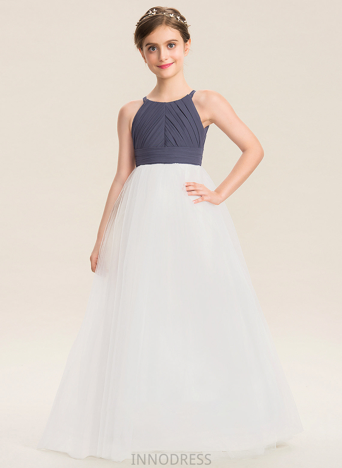 Floor-Length Scoop Neck Ruffle Junior Bridesmaid Dresses With A-Line Chiffon Tulle Talia