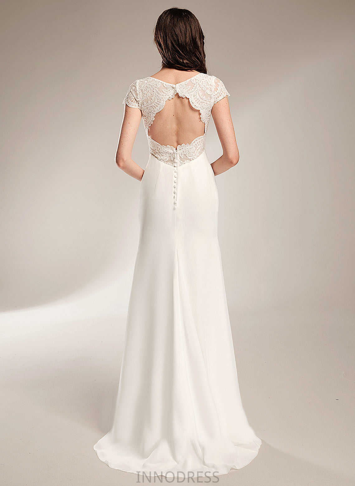 Dress Sheath/Column Sweep V-neck Chiffon Lace Wedding Abbey With Wedding Dresses Train