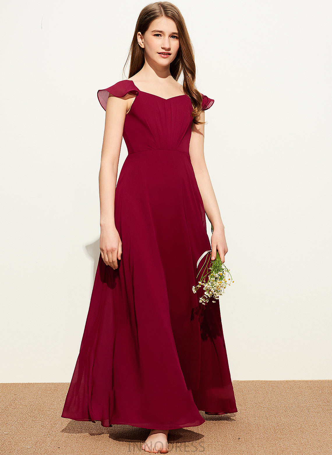 Ruffle V-neck With Esther Floor-Length Junior Bridesmaid Dresses Chiffon A-Line