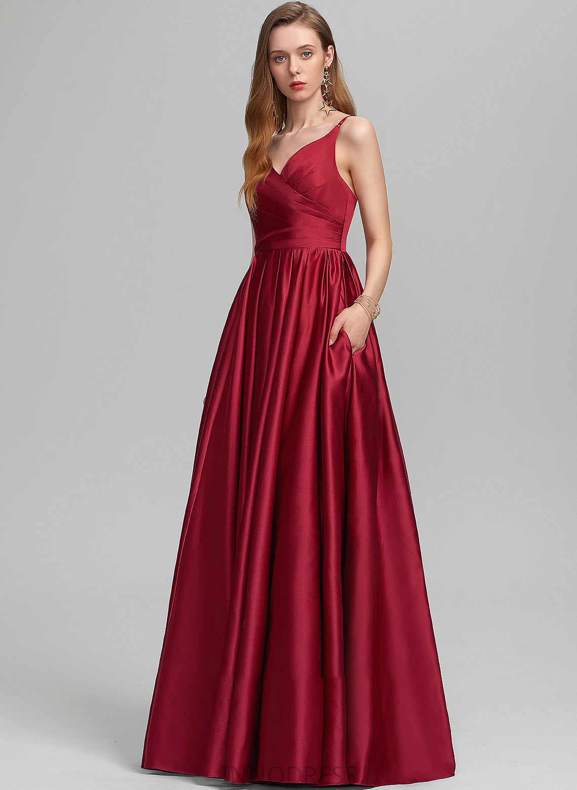 V-neck Mira Floor-Length Ruffle Satin Pockets With Prom Dresses A-Line