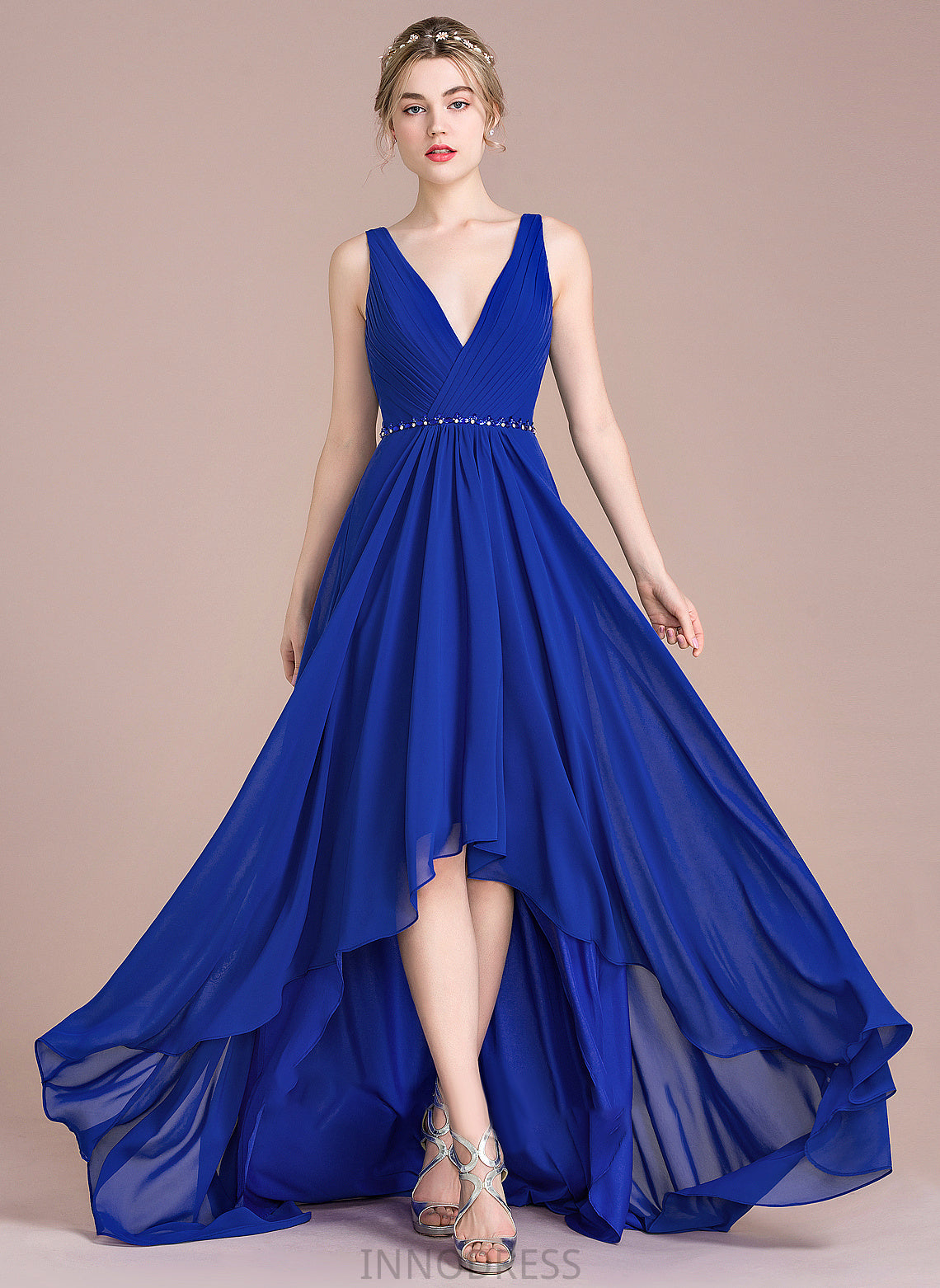 With Prom Dresses A-Line Asymmetrical Beading Sequins Chiffon Lydia V-neck Ruffle