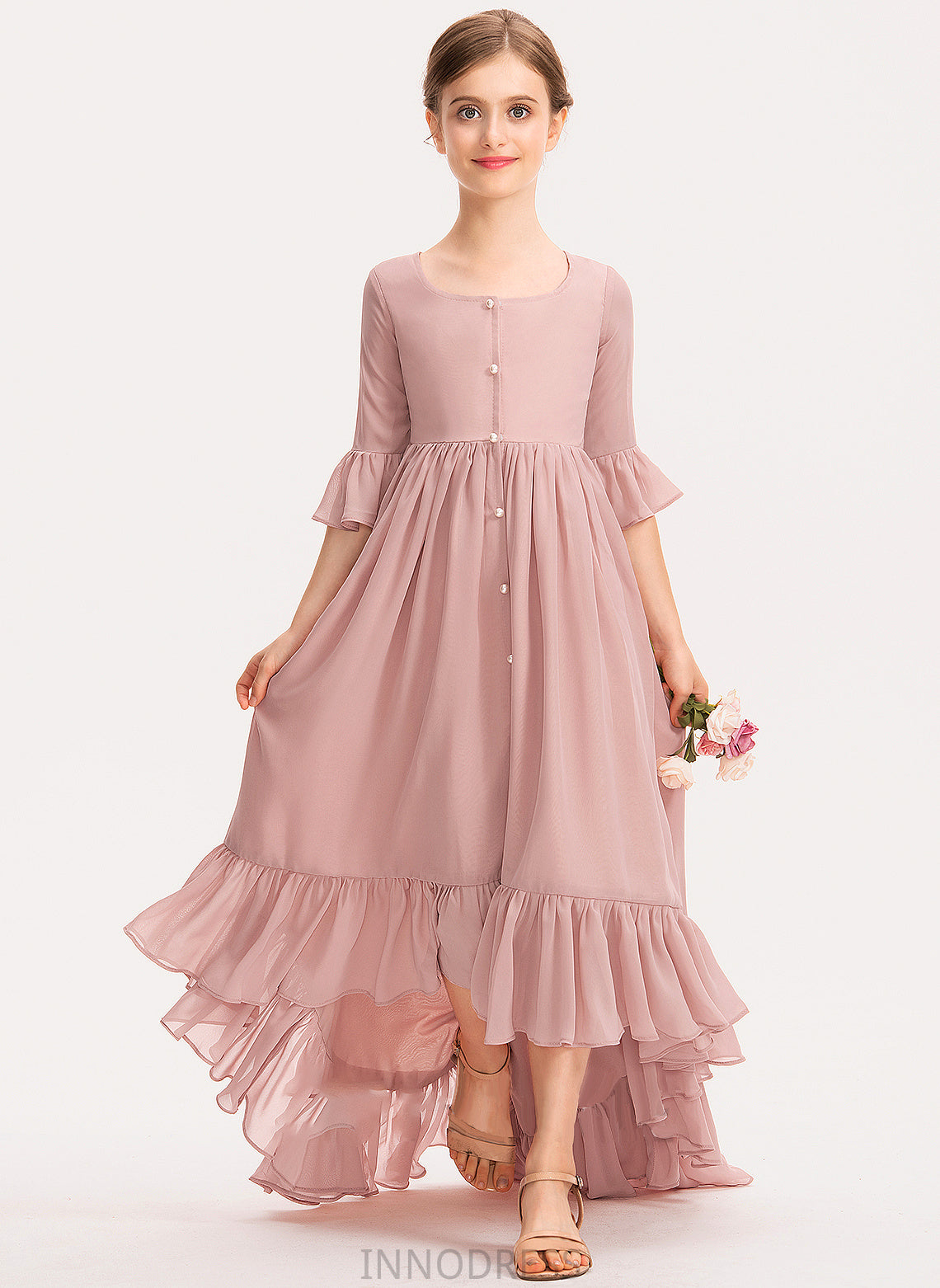 Chiffon Cascading Ruffles Junior Bridesmaid Dresses Holly Scoop With Bow(s) Asymmetrical Neck A-Line