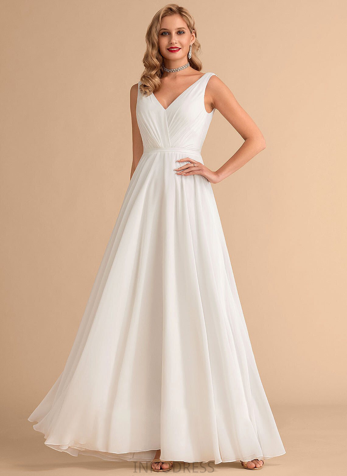 With A-Line Chiffon Ruffle Floor-Length Wedding V-neck Wedding Dresses Adalynn Dress