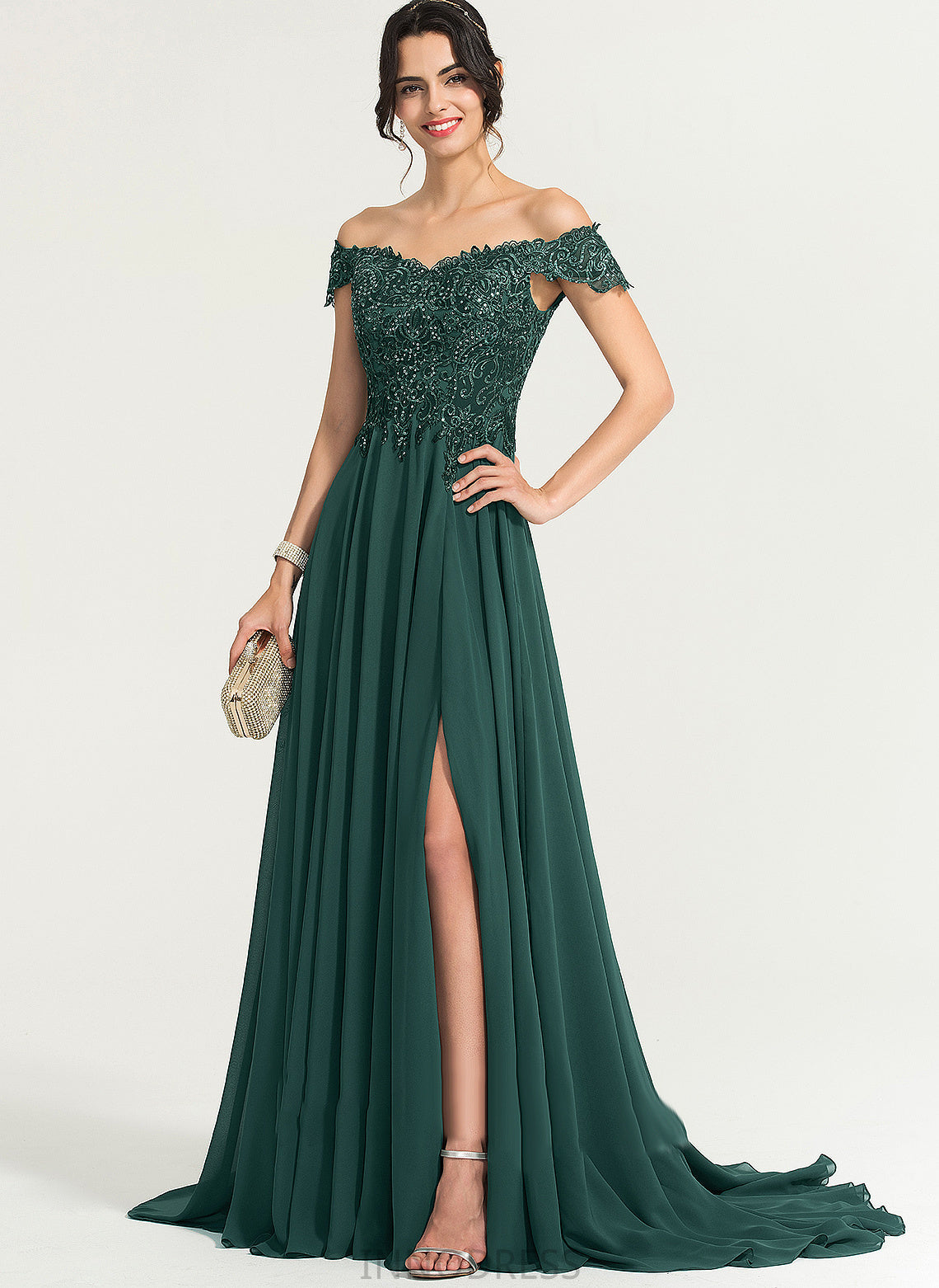 Front Split Off-the-Shoulder Jazlene Sequins With Sweep A-Line Prom Dresses Chiffon Train