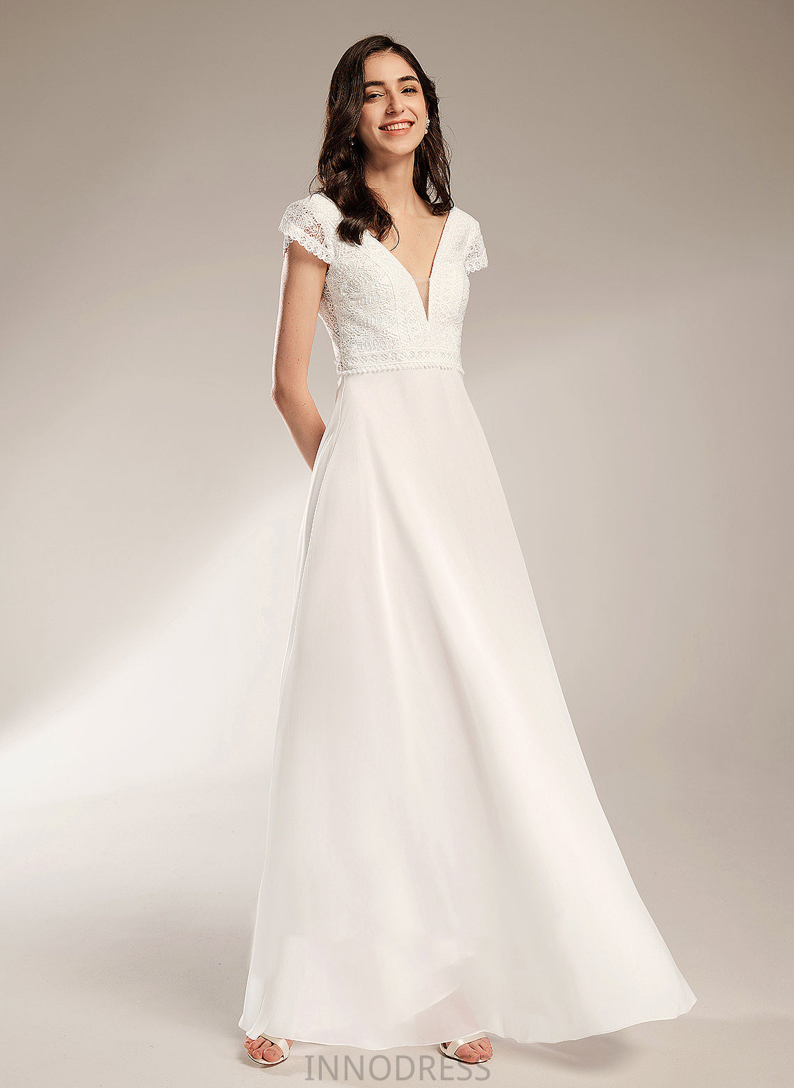 Wedding Dresses V-neck Dress Floor-Length Wedding Chiffon Lace A-Line Juliana