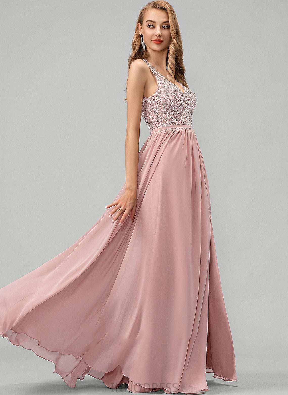 Split V-neck Sequins Floor-Length Beading A-Line Prom Dresses Front Chiffon With Kathryn