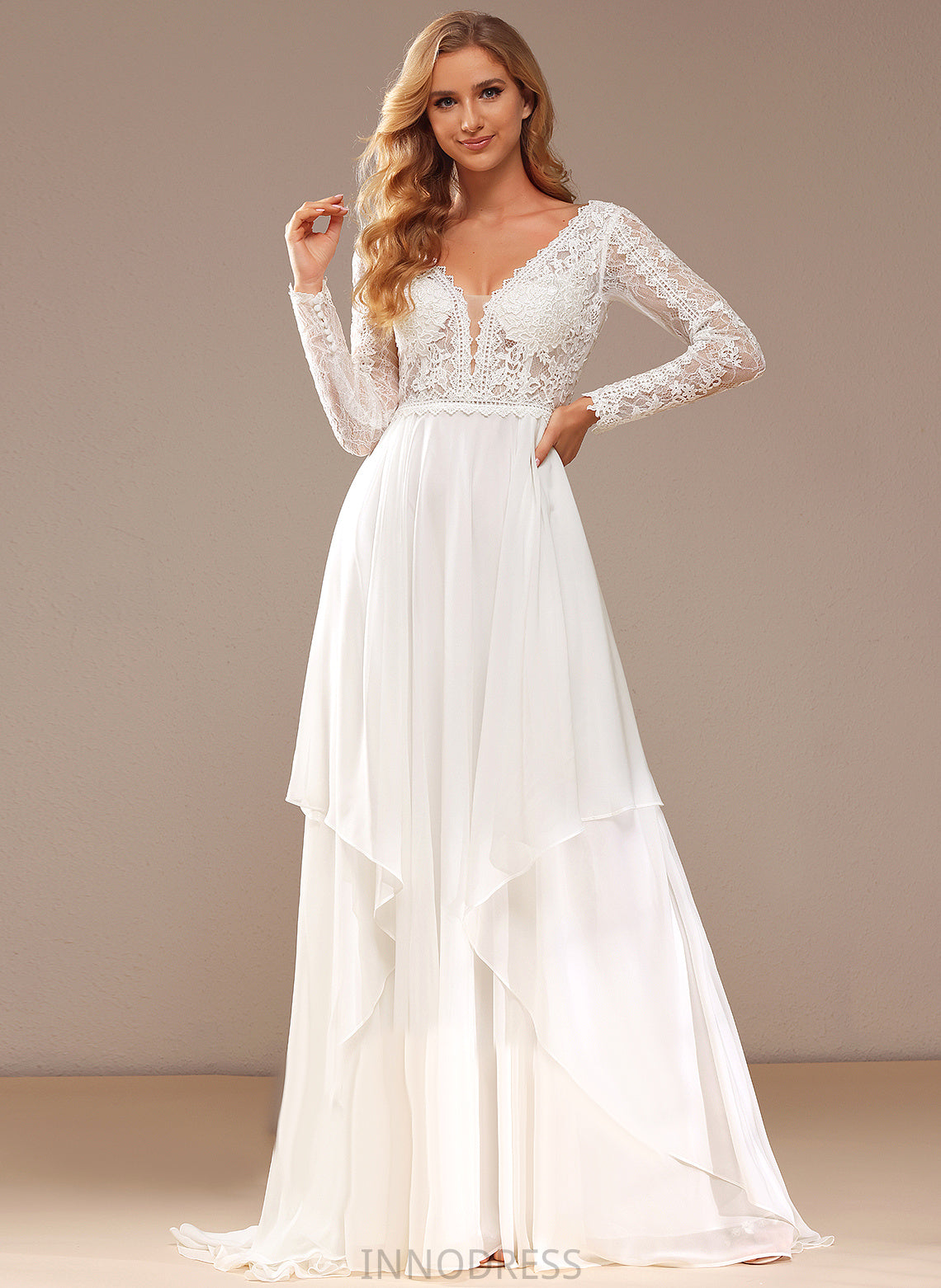 Amirah Wedding A-Line Train Lace With V-neck Court Wedding Dresses Ruffle Lace Chiffon Dress