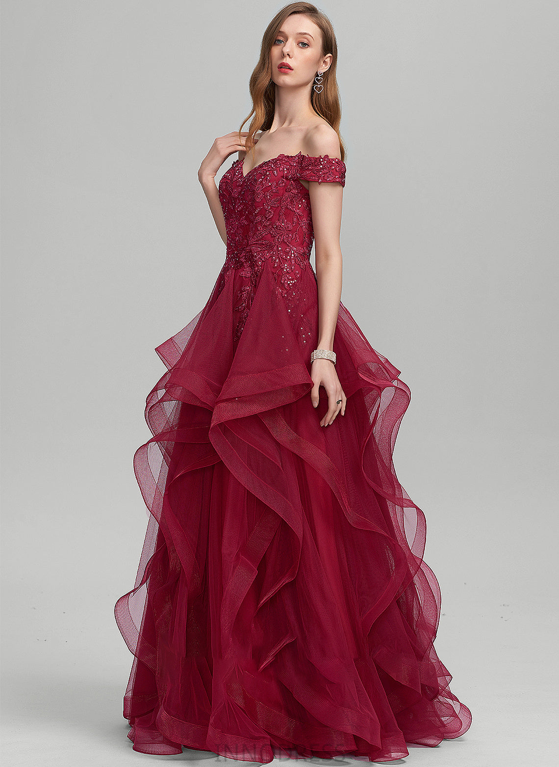 Jamya With Floor-Length Sequins Prom Dresses Off-the-Shoulder Tulle Ball-Gown/Princess