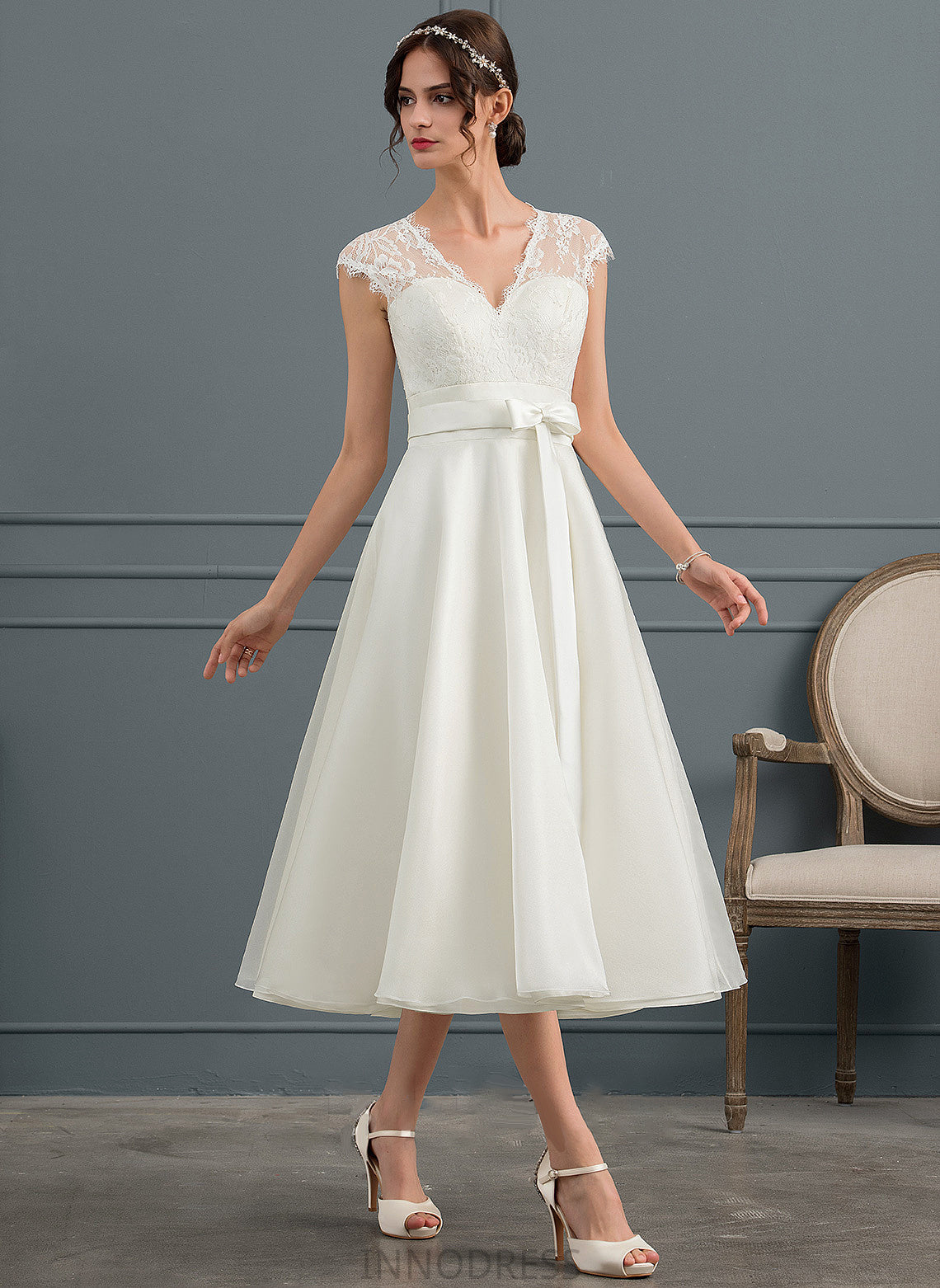 Raegan Bow(s) A-Line Satin Tea-Length Wedding Wedding Dresses Dress With V-neck