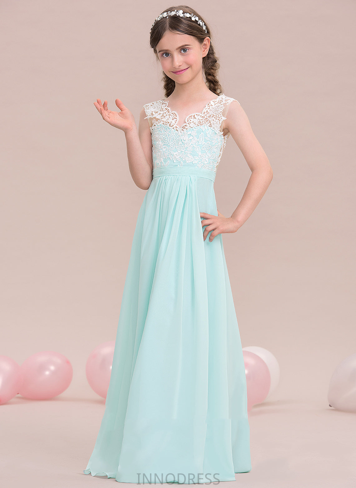 V-neck Floor-Length Pamela Junior Bridesmaid Dresses A-Line Chiffon