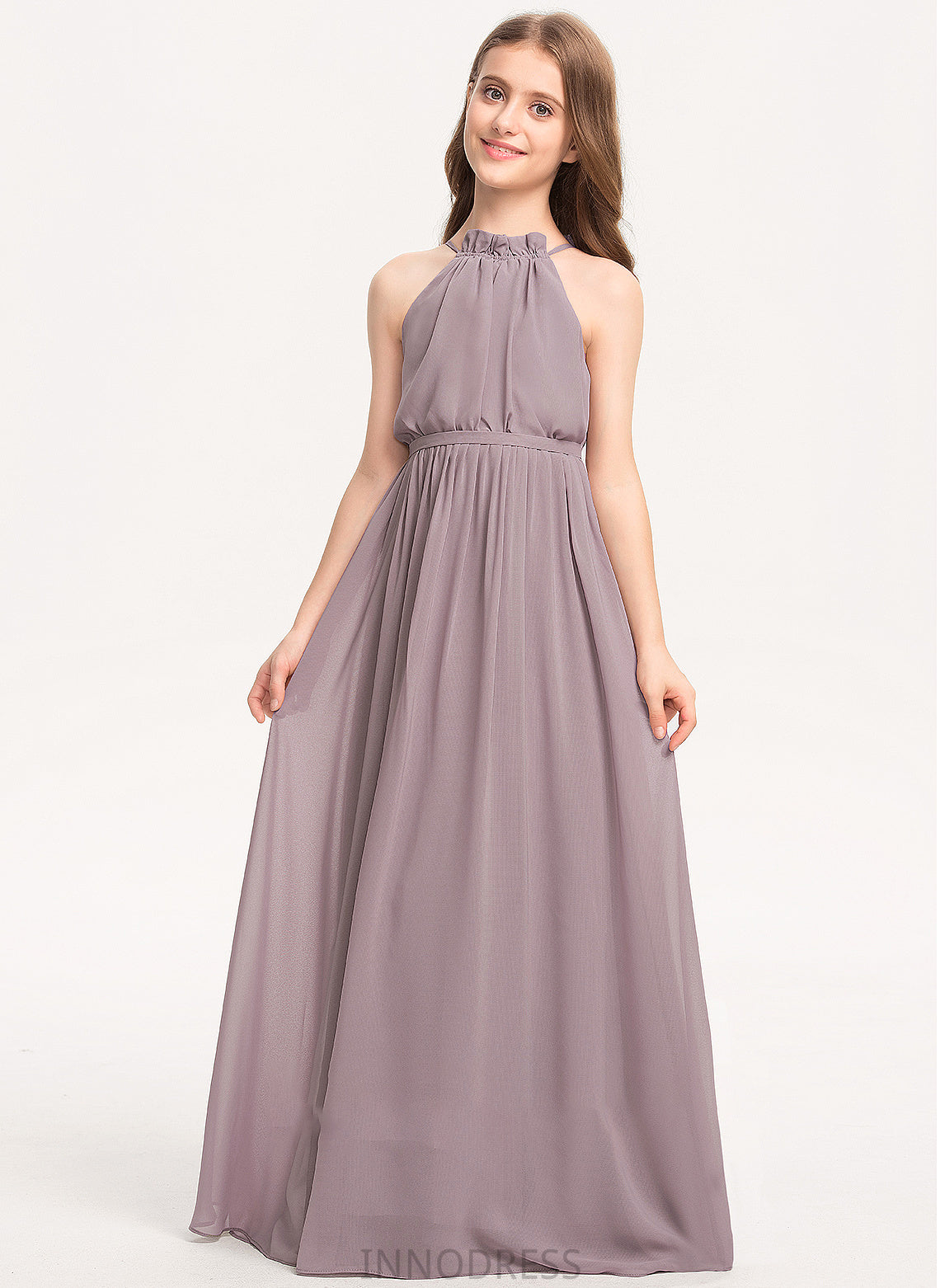 Bow(s) Anaya High Junior Bridesmaid Dresses Ruffles Floor-Length Cascading A-Line Neck Chiffon With