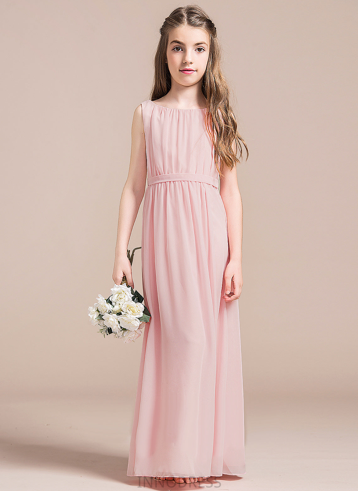 Split Ruffle Floor-Length Front Junior Bridesmaid Dresses A-Line With Hailie Neck Chiffon Scoop