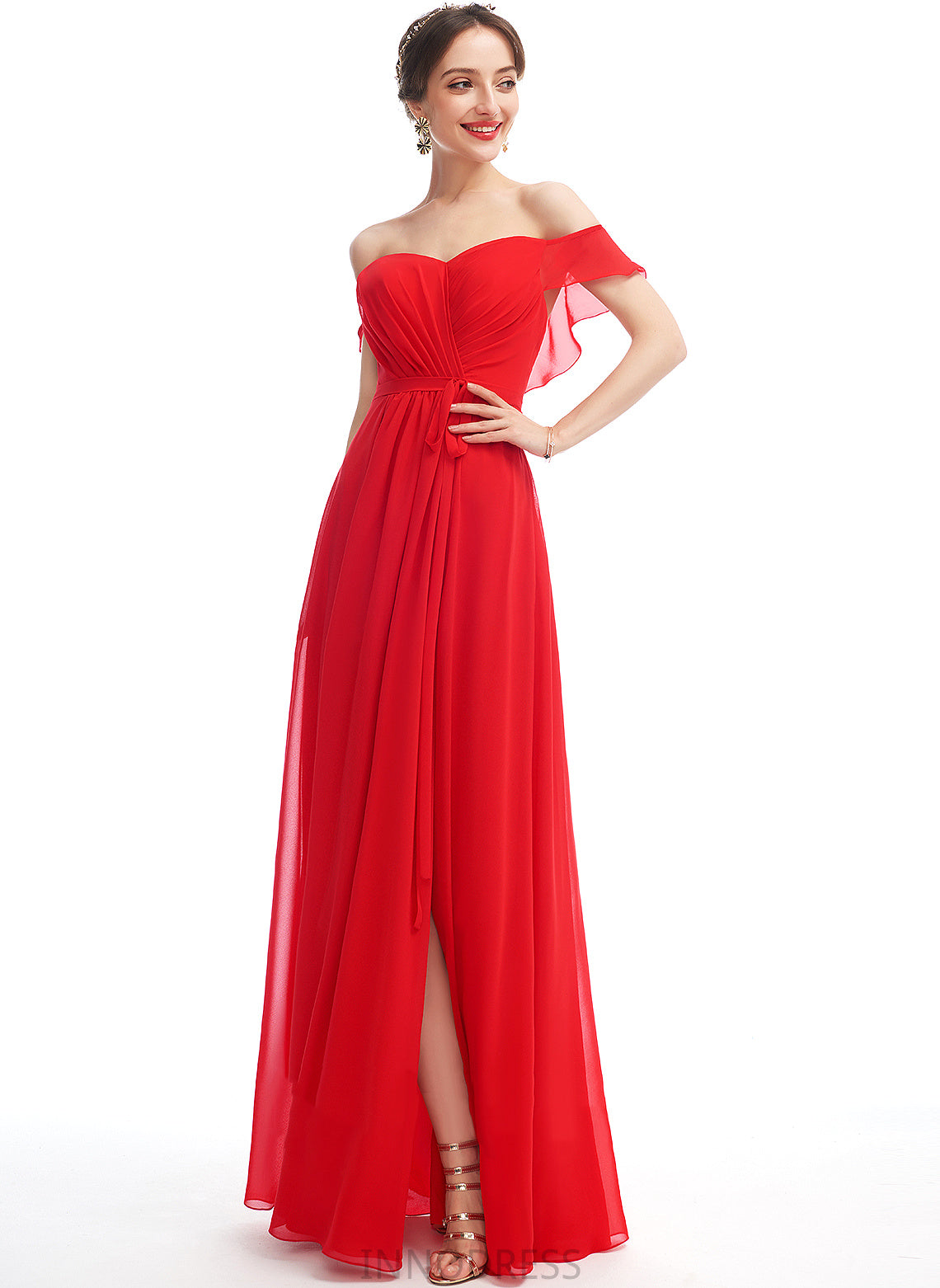 SplitFront Off-the-Shoulder Embellishment Length A-Line Silhouette Fabric Neckline Ruffle Floor-Length Catherine Sheath/Column Bridesmaid Dresses