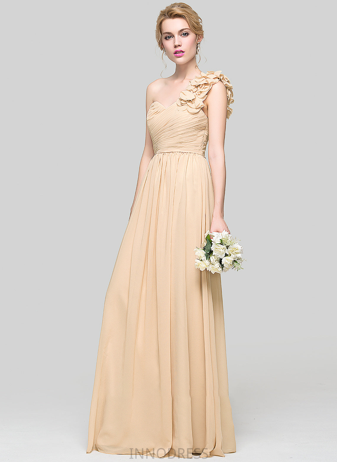 Floor-Length Chiffon With Kenley Ruffle Flower(s) A-Line One-Shoulder Prom Dresses