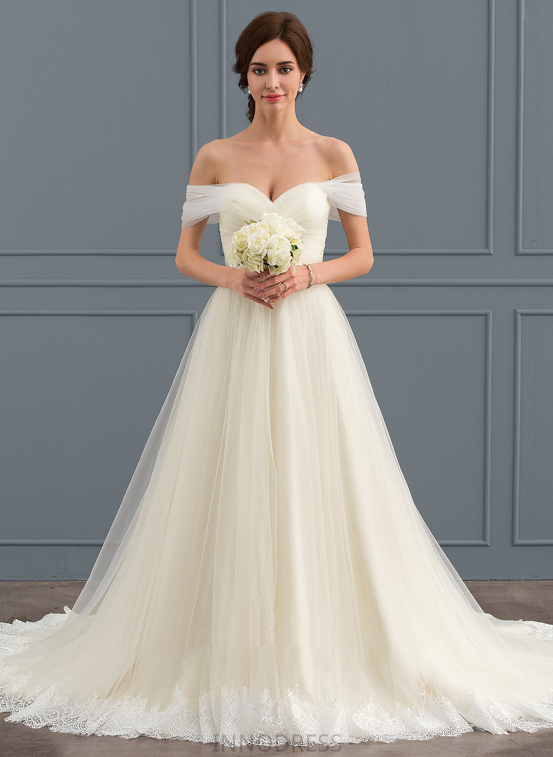 Wedding With Wedding Dresses Off-the-Shoulder Lace Tulle Ball-Gown/Princess Shyann Ruffle Train Court Dress