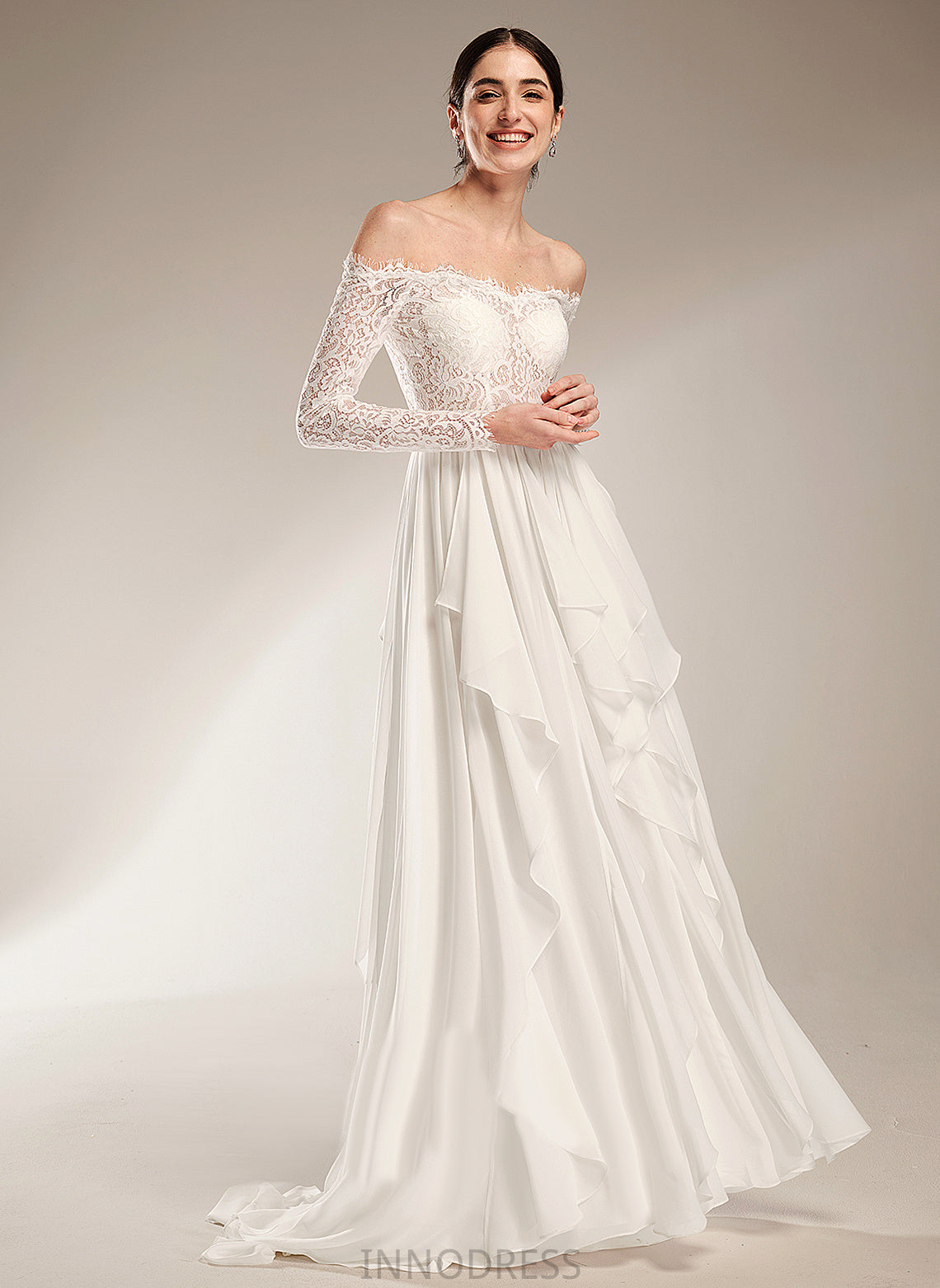 Wedding Dresses Court Off-the-Shoulder Dress Ruffle Lace Dominique With Train Chiffon A-Line Wedding