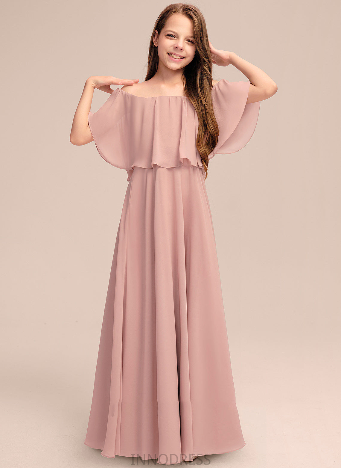 With Hallie A-Line Floor-Length Off-the-Shoulder Ruffle Chiffon Junior Bridesmaid Dresses