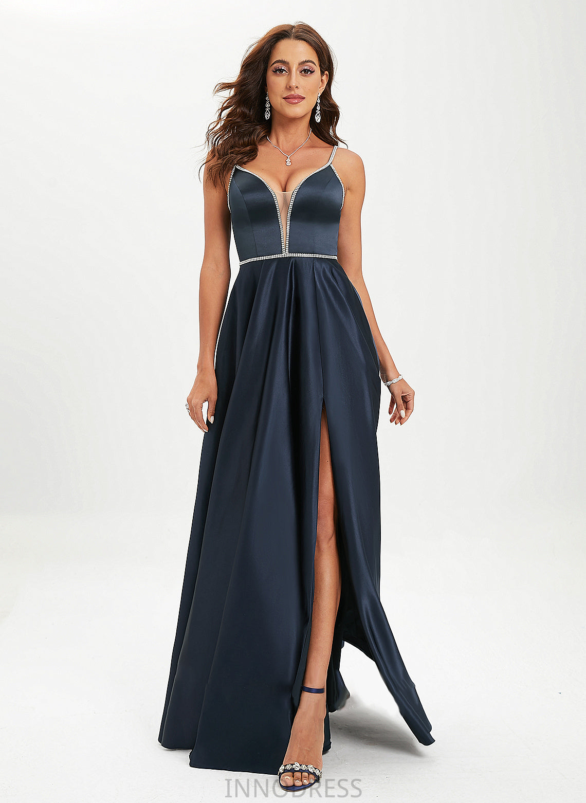 Satin Beading Floor-Length V-neck Payten With Sequins Prom Dresses Ball-Gown/Princess