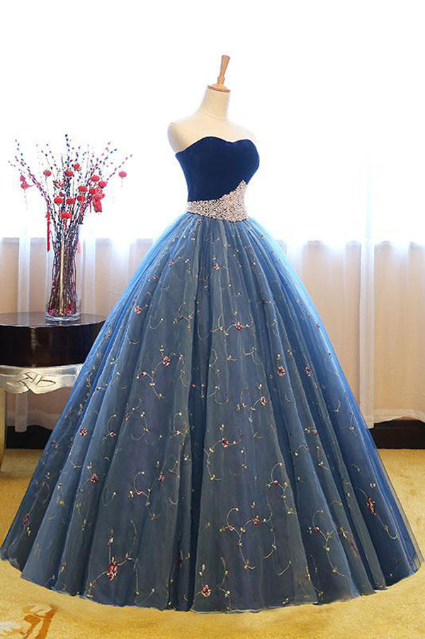 Navy Blue Ball Gown Sweetheart Sleeveless Lace Up Pearl Appliques Prom Dresses