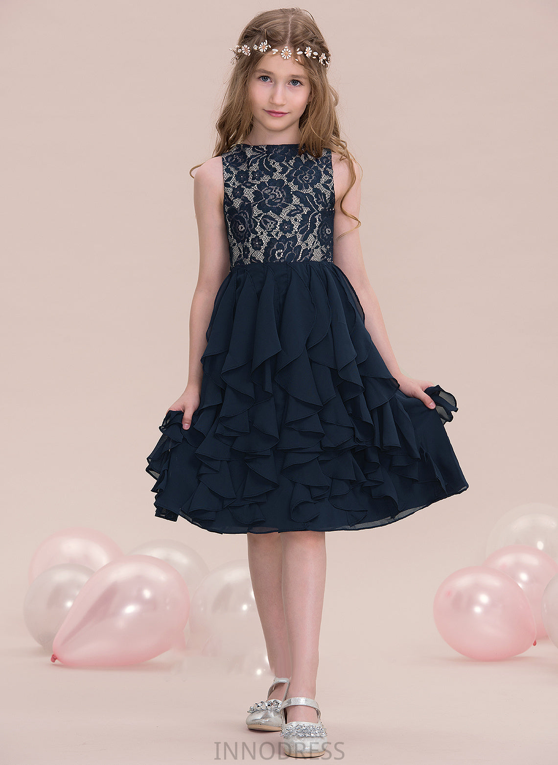 Cascading Knee-Length Scoop Neck Ruffles With Lorelei A-Line Junior Bridesmaid Dresses Chiffon