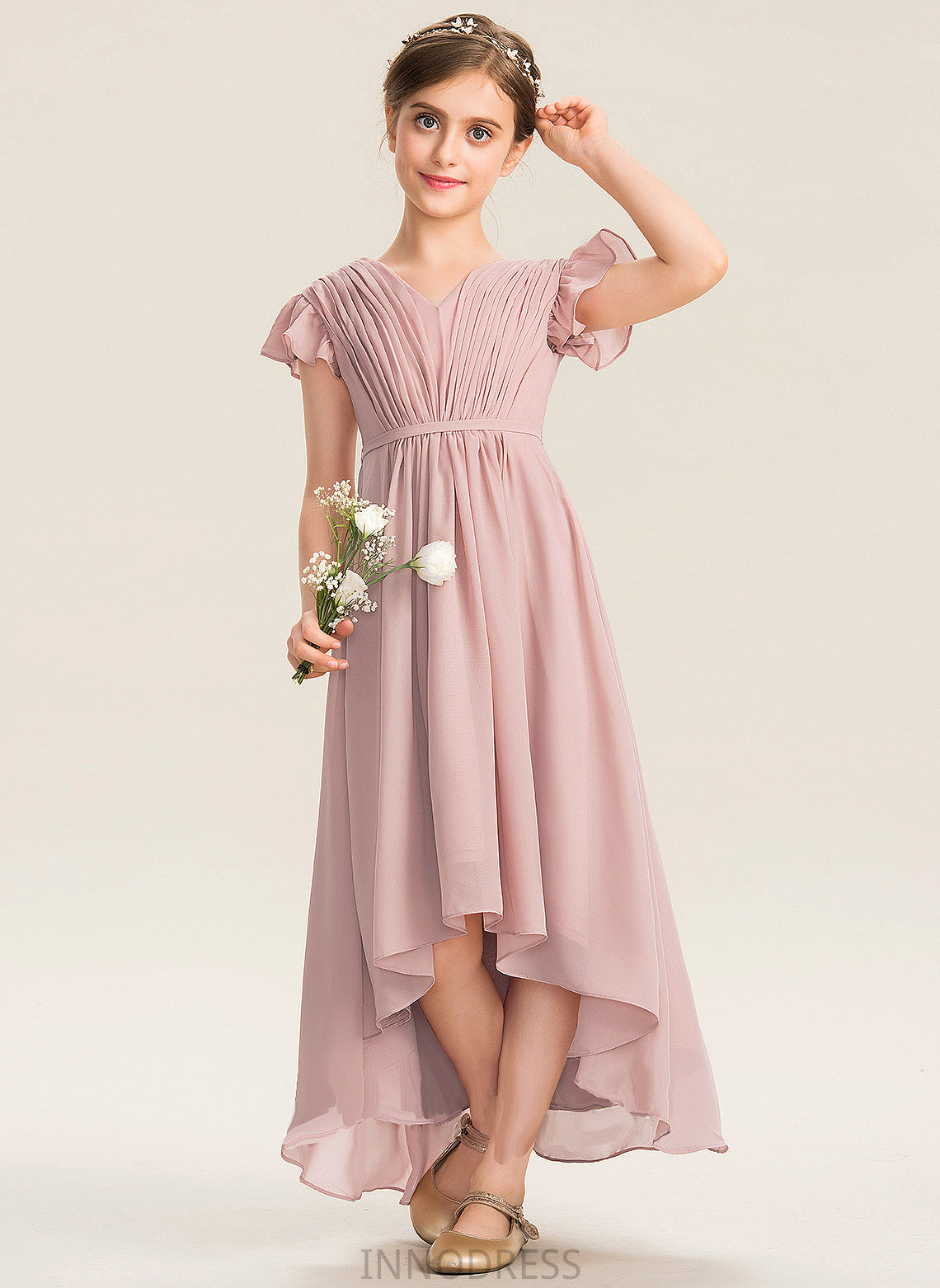 Ruffles Cascading Bow(s) With Chiffon A-Line Asymmetrical V-neck Junior Bridesmaid Dresses Cailyn