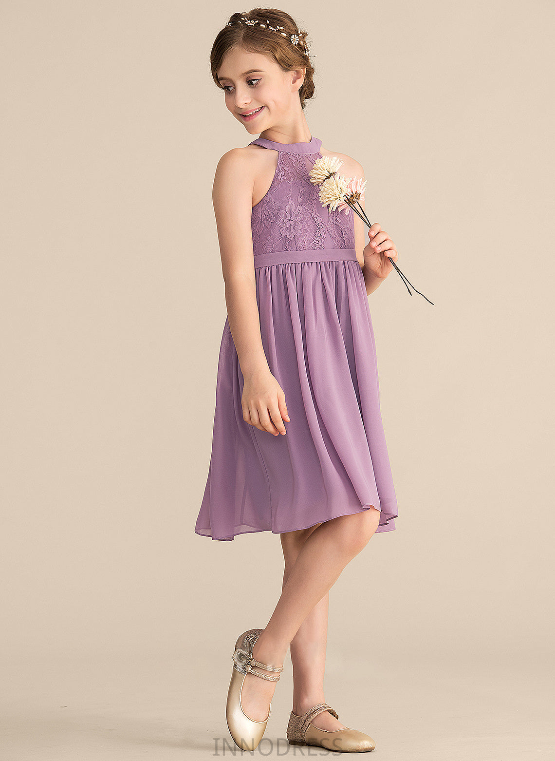 Neck Lace Ada A-Line Junior Bridesmaid Dresses Chiffon Knee-Length Scoop