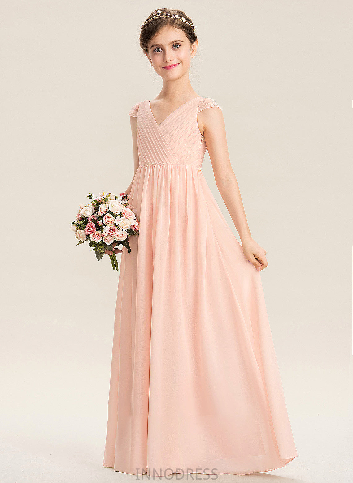 Savanah V-neck Ruffle Junior Bridesmaid Dresses Chiffon With Lace Floor-Length A-Line