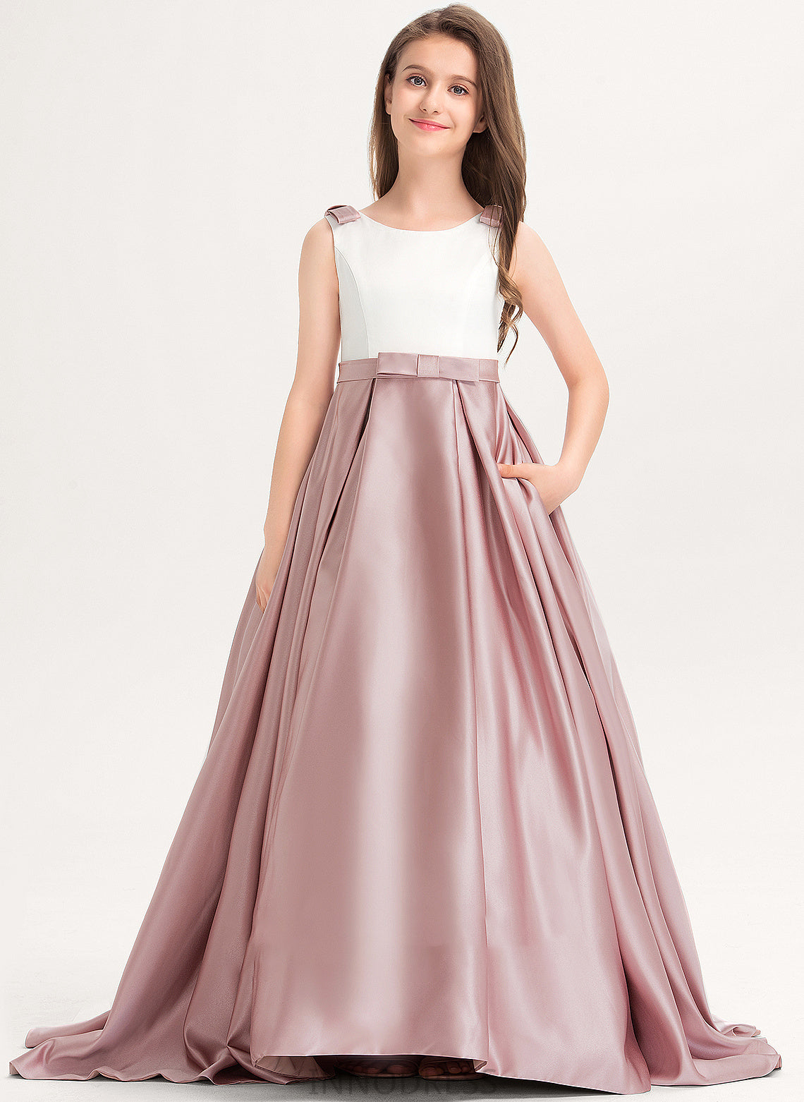 Satin With Mira Neck Scoop Bow(s) Ball-Gown/Princess Train Junior Bridesmaid Dresses Sweep Pockets