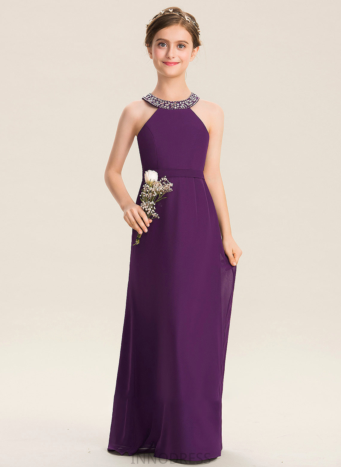 A-Line Bow(s) Junior Bridesmaid Dresses Diya Chiffon Floor-Length Scoop With Beading Neck