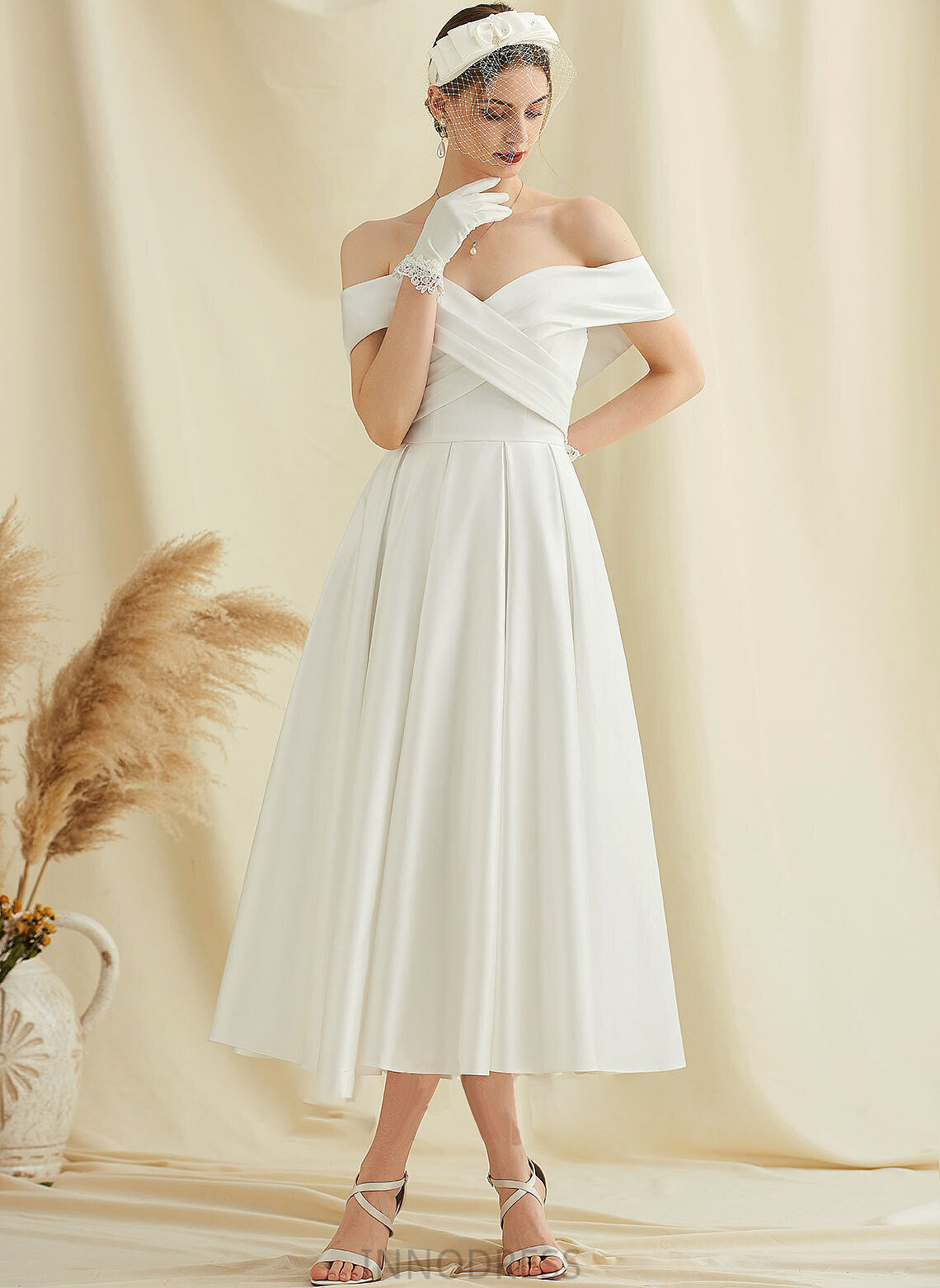 Tea-Length Pockets Wedding Dresses Miya A-Line Wedding With Dress Satin