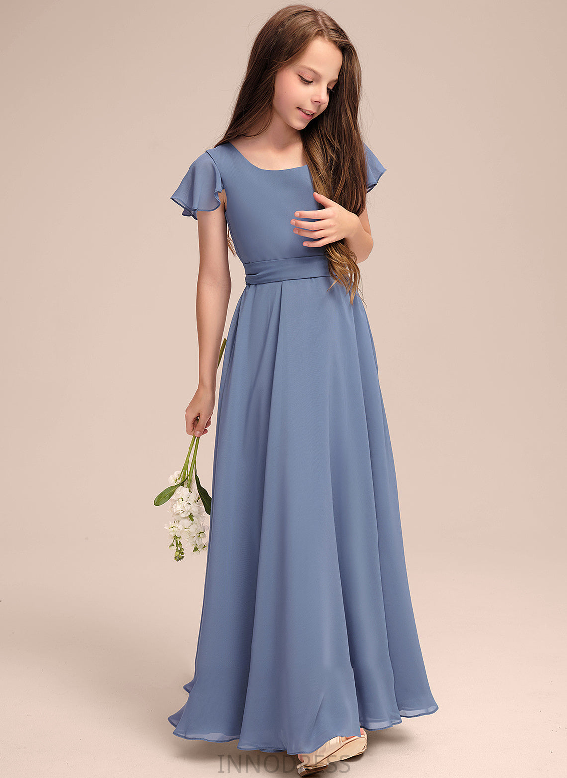 Junior Bridesmaid Dresses A-Line Scoop Neck With Chiffon Chasity Floor-Length Bow(s)