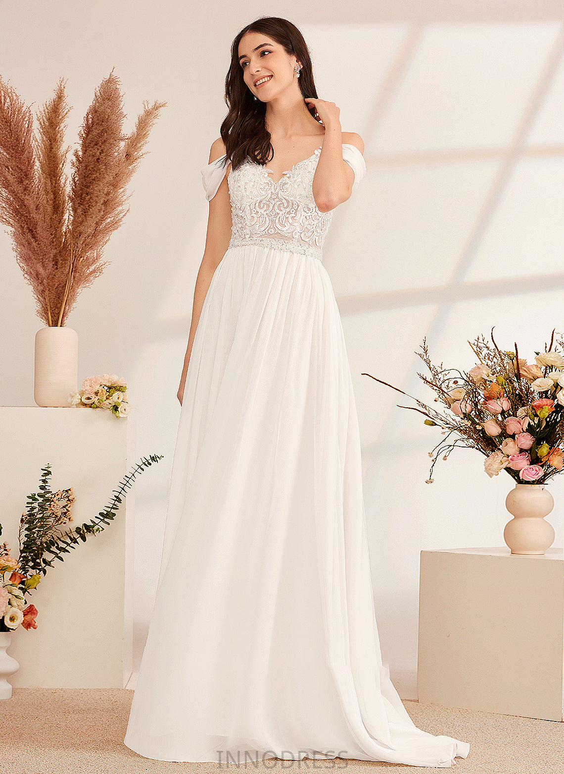 Sweep Wedding Train V-neck Beading Bridget With A-Line Wedding Dresses Dress Sequins