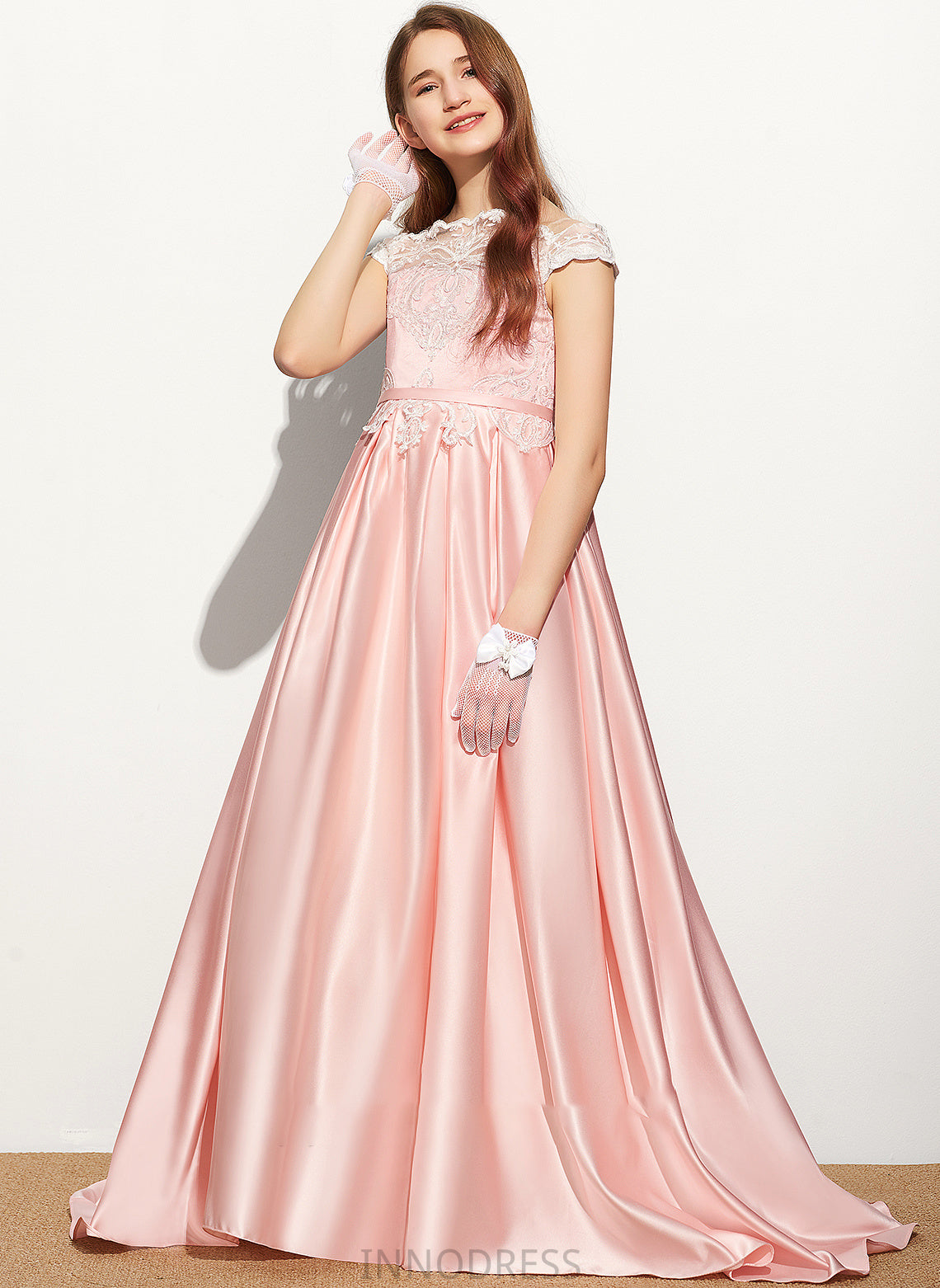 Ball-Gown/Princess Off-the-Shoulder Kamila Satin Lace Sweep Train Junior Bridesmaid Dresses