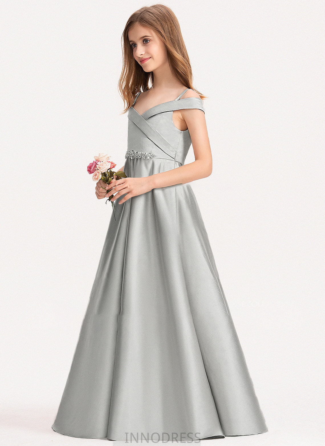 Off-the-Shoulder Satin Junior Bridesmaid Dresses Floor-Length Ball-Gown/Princess Cristina