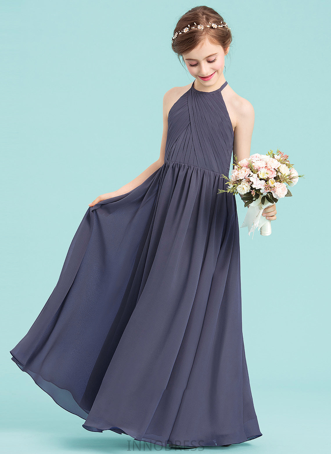 Ruffle With A-Line Junior Bridesmaid Dresses Chiffon Neck Floor-Length Kenzie Scoop