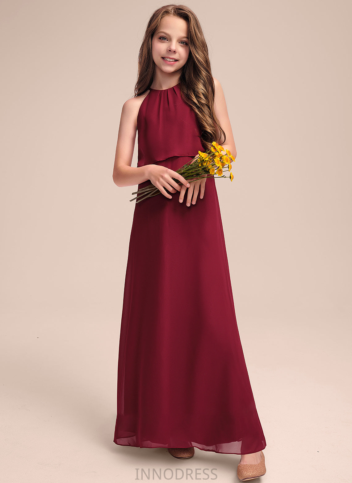 A-Line Ashanti Junior Bridesmaid Dresses With Neck Ruffles Scoop Chiffon Floor-Length