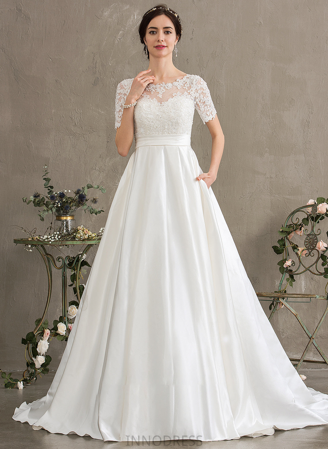 Susan Pockets Satin With Wedding Scoop Neck Train Court Beading Dress Ball-Gown/Princess Sequins Wedding Dresses