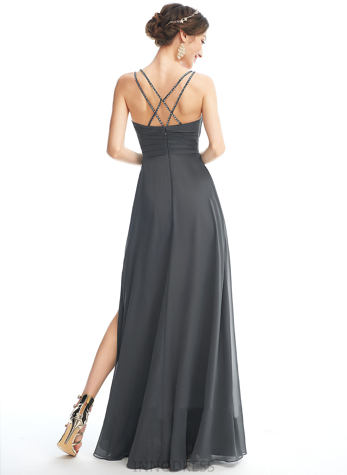 Embellishment Length Neckline V-neck SplitFront Fabric A-Line Ruffle Floor-Length Silhouette Beading Charlize Bridesmaid Dresses