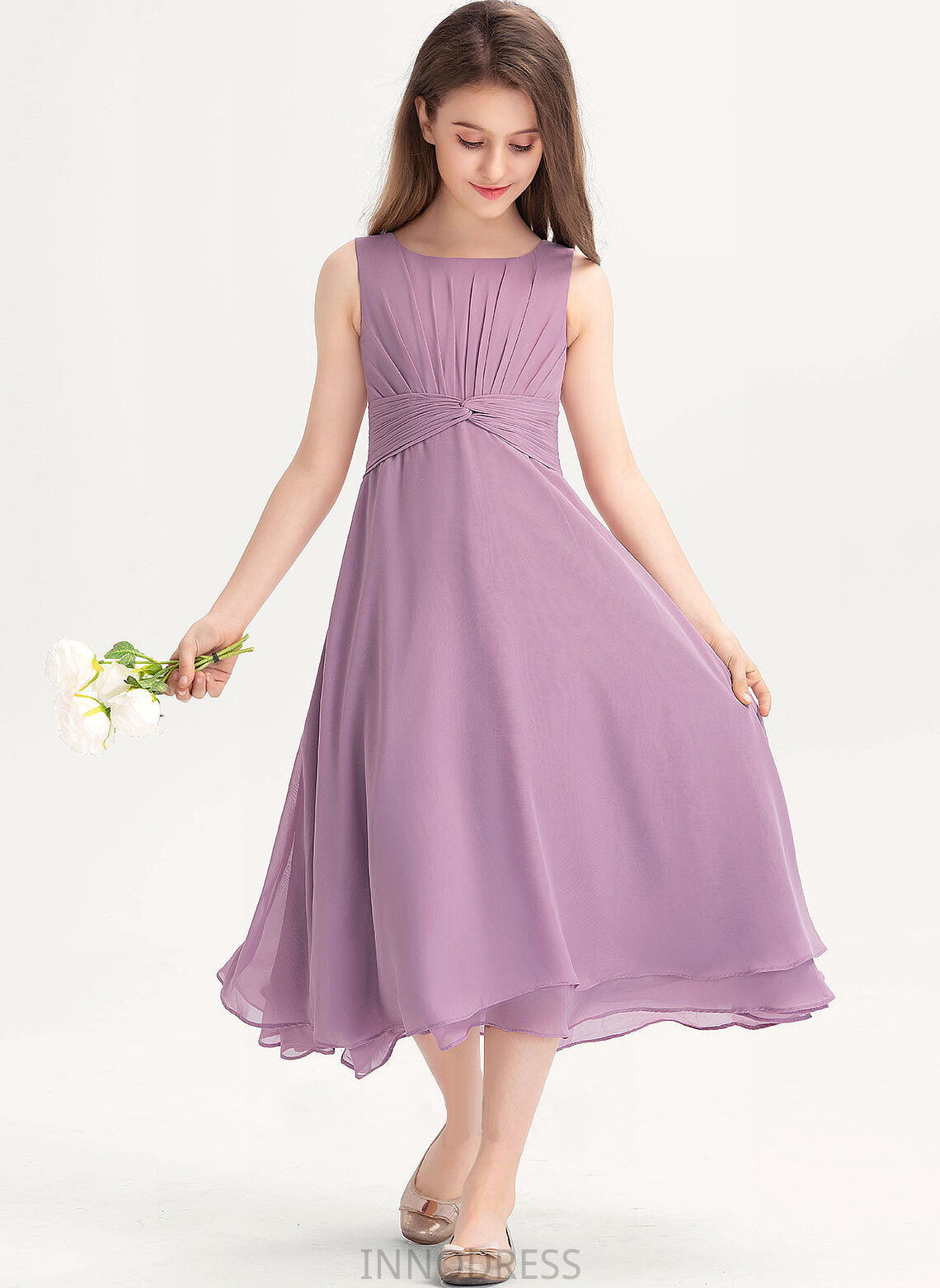 Junior Bridesmaid Dresses Sarah Scoop Neck A-Line Chiffon Tea-Length Ruffle With