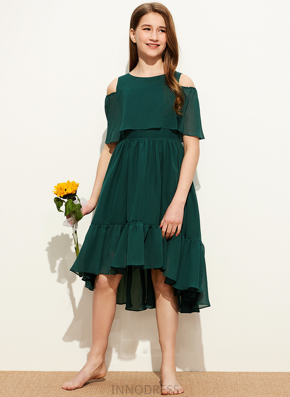 Cascading With Scoop Ruffles Neck Chiffon Asymmetrical Kaylin Junior Bridesmaid Dresses A-Line