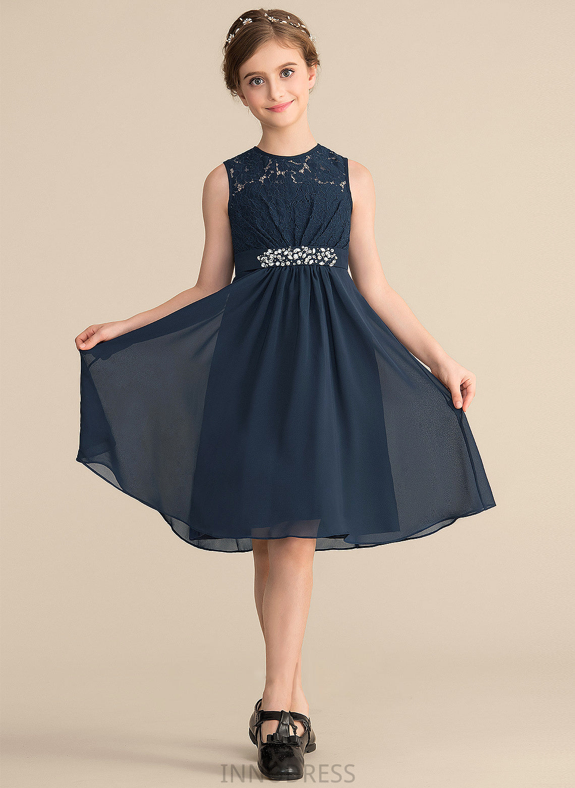 With Amaris Scoop Knee-Length Bow(s) Neck Lace Chiffon A-Line Junior Bridesmaid Dresses Beading Sequins