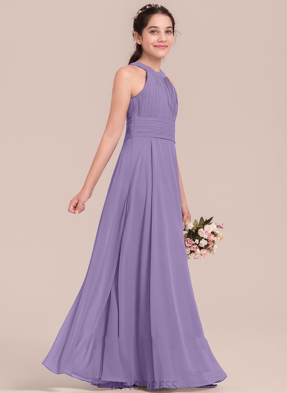 Briana Ruffle Scoop With Neck Junior Bridesmaid Dresses A-Line Floor-Length Chiffon