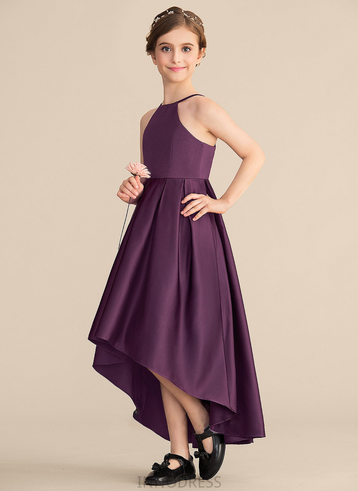 Kiara Neck A-Line Asymmetrical Junior Bridesmaid Dresses With Scoop Ruffle Satin