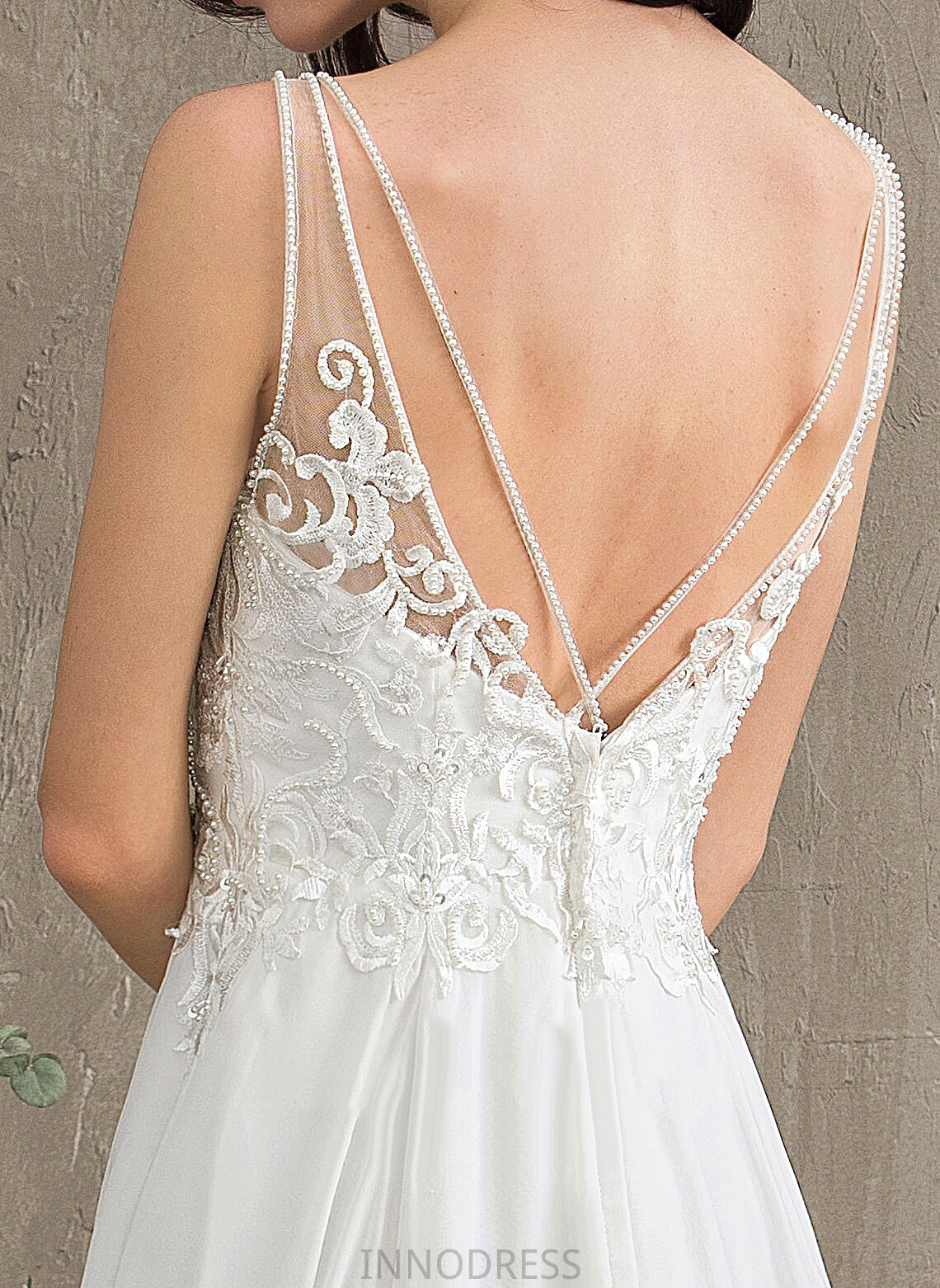 Train Beading V-neck Chiffon Amaris Wedding Front Sweep Sequins Dress Lace Wedding Dresses With A-Line Split