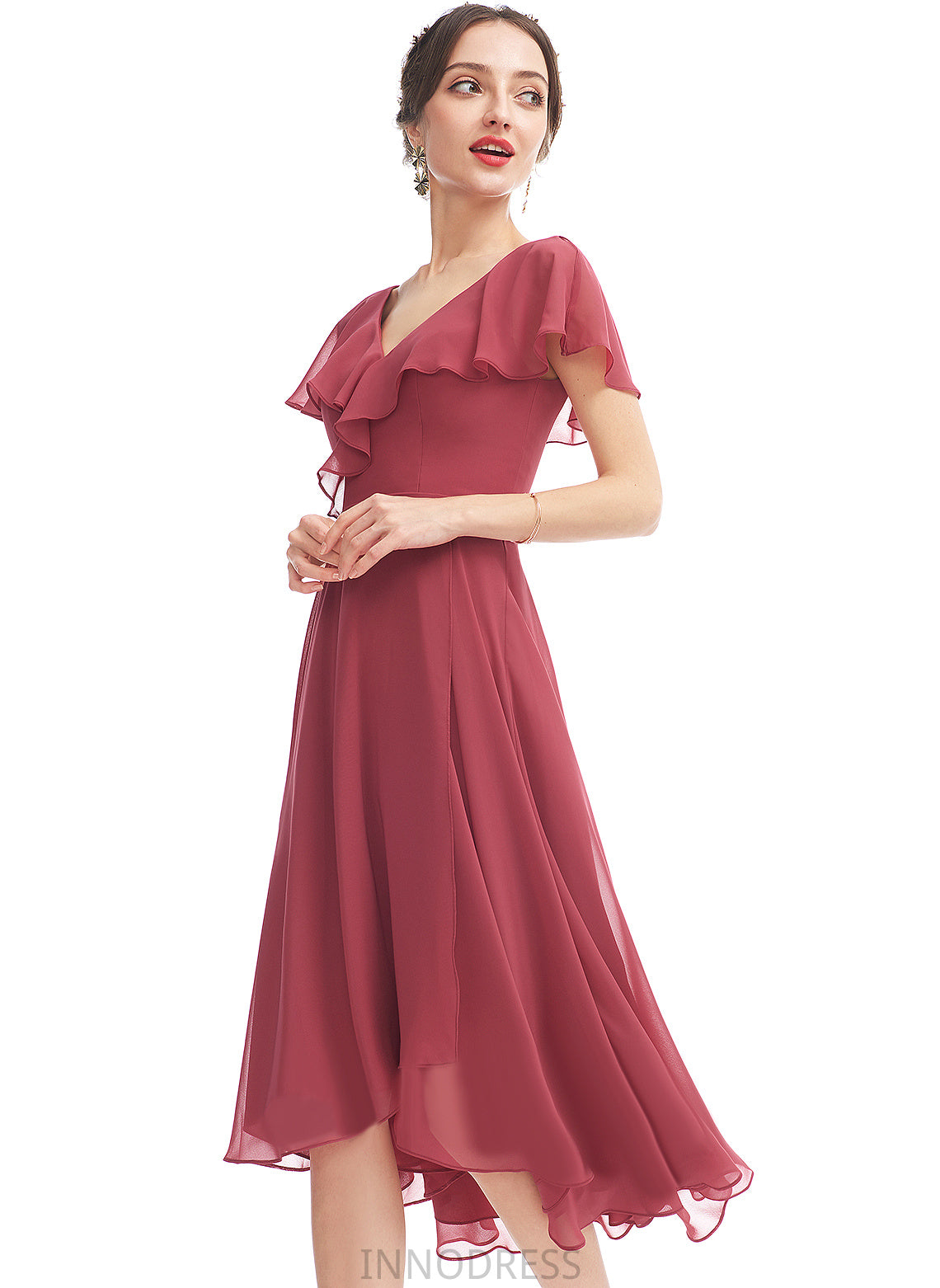 Length Neckline Asymmetrical Fabric A-Line Ruffle Silhouette V-neck Embellishment Anabella Sleeveless Floor Length Bridesmaid Dresses