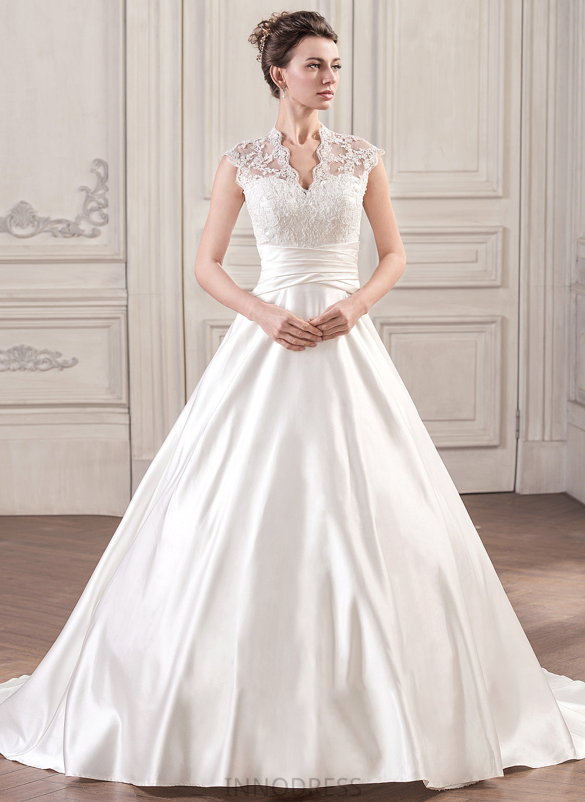 Court Train Satin Wedding Dresses Lace Ball-Gown/Princess V-neck Zoe With Dress Ruffle Wedding