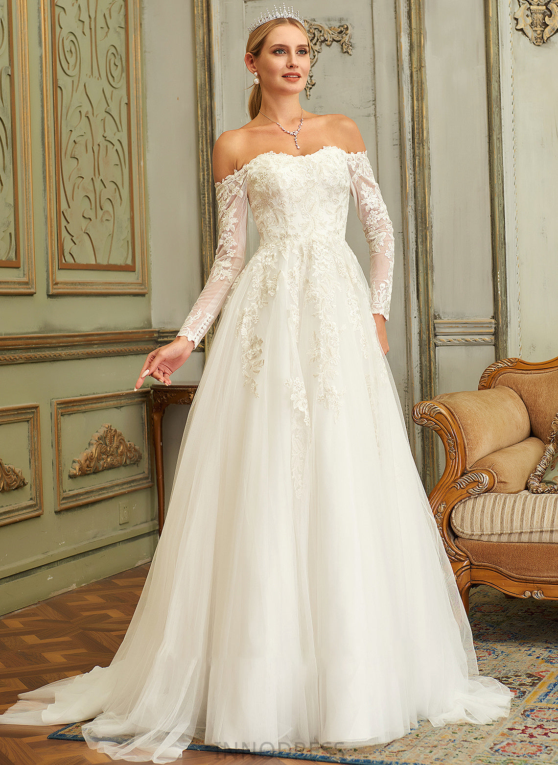 Wedding Dresses Lace Dress Wedding With Damaris Sweep Lace Ball-Gown/Princess Off-the-Shoulder Train Tulle