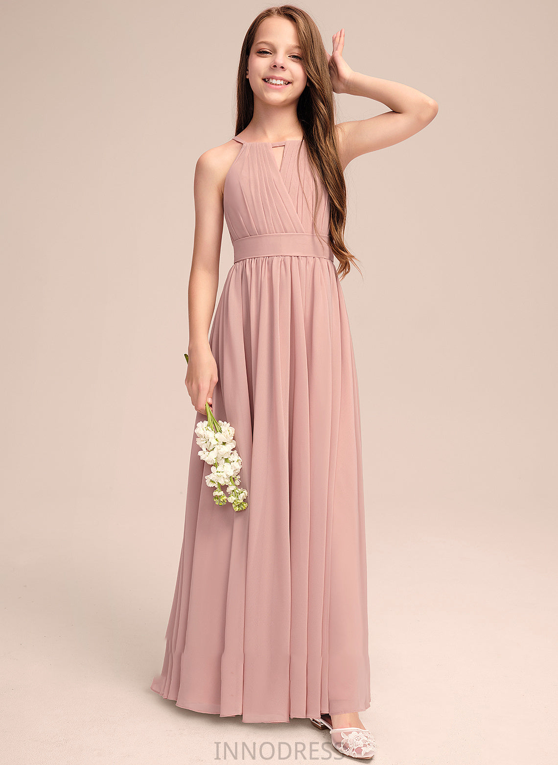 Ruffle Neck With Floor-Length Scoop A-Line Chiffon Gisselle Junior Bridesmaid Dresses Bow(s)