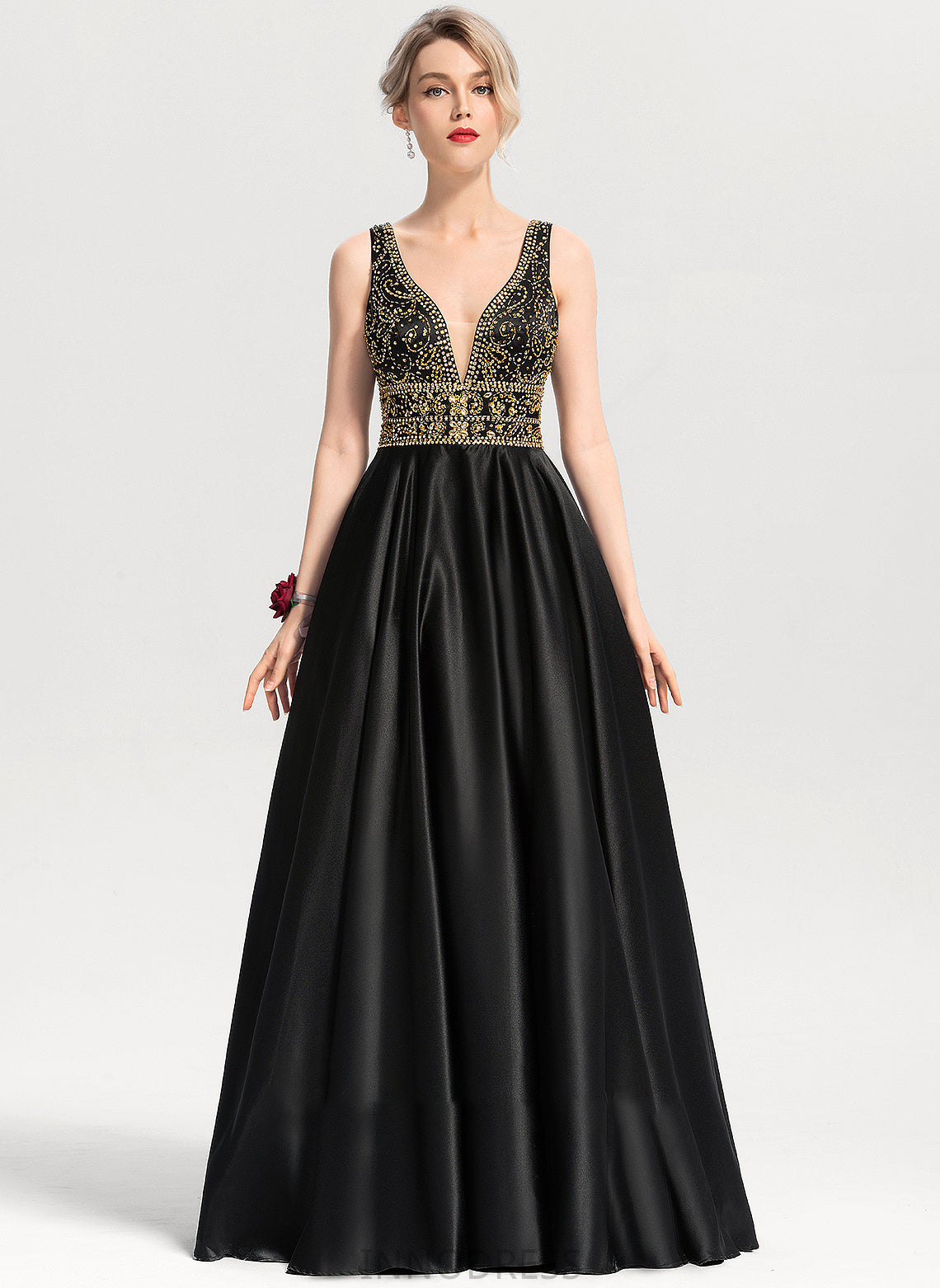 Beading V-neck Satin Prom Dresses Jaycee Ball-Gown/Princess Sequins With Floor-Length